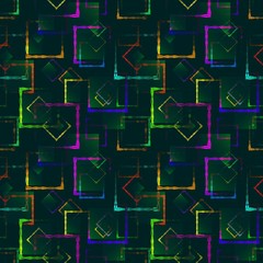 Bright colored carved squares and neon rhombuses for an abstract blue background or pattern.