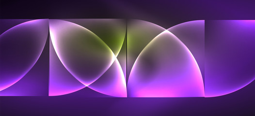 Techno glowing glass geometric shapes vector background, futuristic dark template with neon light effects and simple forms