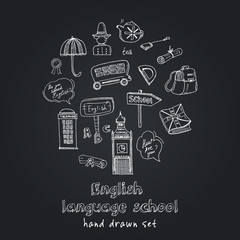 English language school hand drawn doodle set. Vector illustration. Isolated elements. Symbol collection.