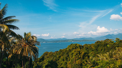 Tropical island panorama with rainforest and blue sea in Myanmar