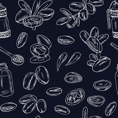 Vector set on Argan, its fruits and its application. Argan oil hand drawn doodle set. Vector illustration. Isolated elements. Symbol collection.