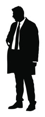 Businessman in suite and tie standing vector silhouette. Handsome business man in office work. Elegant man manager. Bodyguard observe, secret agent care president security. Event safety organisation