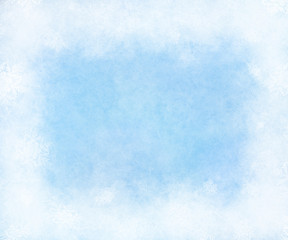 Abstract blue winter texture with snowy frame. White snowflake decoration.