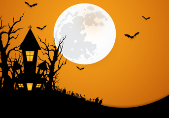 Fototapeta na wymiar Halloween pumpkins and dark castle on blue Moon background, illustration. 