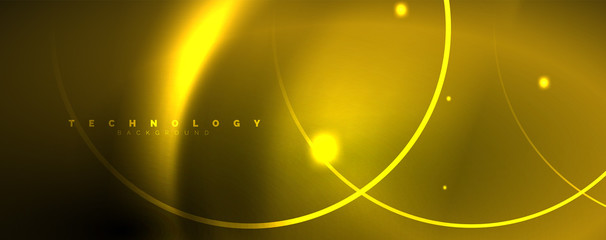Fototapeta na wymiar Bright neon circles and wave lines, glowing shiny background design template, digital techno concept.