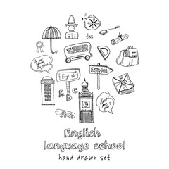 English language school hand drawn doodle set. Vector illustration. Isolated elements. Symbol collection.