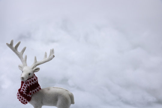 ressource graphique avec espace texte, cerf blanc avec une &eacute;charpe aux couleurs de no&euml;l dans un d&eacute;cor blanc de neige, pour les f&ecirc;tes de no&euml;l, de fin d'ann&eacute;e et pour la saison d'hiver