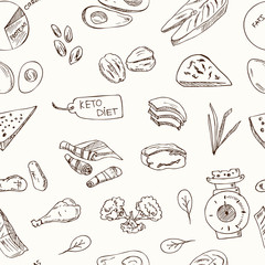 Keto Diet hand drawn doodle seamless pattern. Vector illustration. Isolated elements. Symbol collection.
