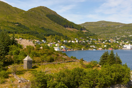 Part of the settlement of Maloy on Norways West Coast seen from the Baatbygg Shipyard on the Island of Moldoen, Norway.