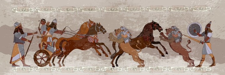 Ancient Sumerian culture. King on chariot. Lion and warrior. Sce - obrazy, fototapety, plakaty