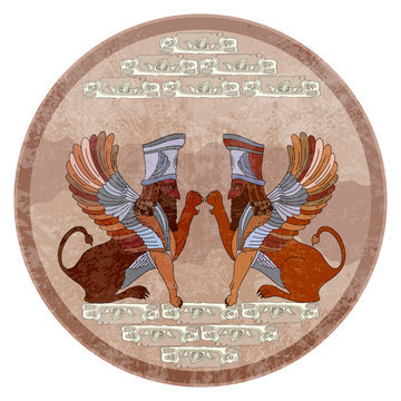 Ancient Sumerian culture. Lamassu. Winged Lion. Akkadian mythology. Babylonian Culture. Persepolis. Mesopotamia. Middle East history. Ancient civilization art