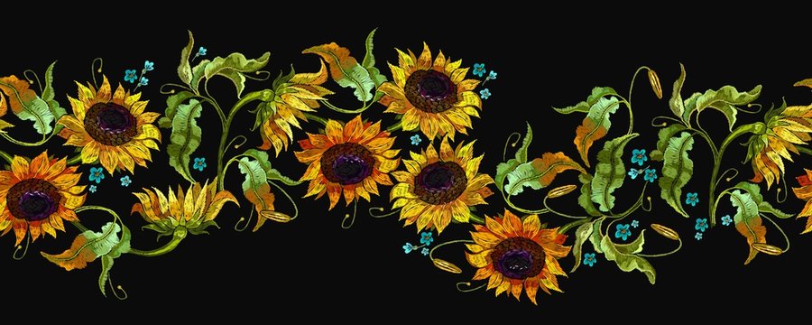 Embroidery summer flowers and sunflower horizontal seamless patt