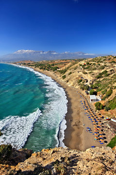 CRETE ISLAND, GREECE. Kommos beach, close to Matala town, Municipality of Phaistos, Heraklion Prefecture. In the background, Psiloritis mountain.