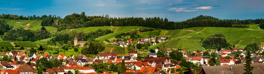 Wide hires panoramic landscape view of green valley in Schwartzwald.