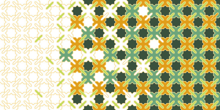 Islamic green vector seamless pattern with stars and cross. Geometric halftone texture with color tile disintegration or breaking