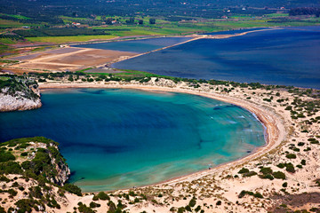 MESSENIA, PELOPONNESE, GREECE. Famous Voidokoilia beach as seen from Palaiokastro (literally "old castle") of Navarino (Pylos), 