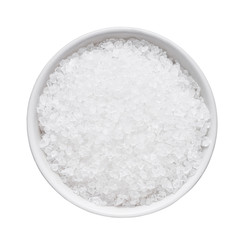 SPA concept. White bath salt in bowl isolated over white background with clipping path. Top view