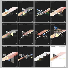 Minimal brochure templates with colorful gradient trangles and triangular shapes on black background.. Covers design templates for flyer, leaflet, brochure, report, presentation, advertising, magazine