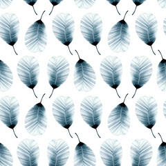 Watercolor gray feather seamless pattern on white background