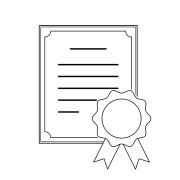 Modern thin stroke outline professional cerificate icon with medal. Vector eps 10 illustration sign. Flat paper school diploma, warranty and grant qualification award symbol