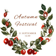 Watercolor rosehip autumn frame. Could be used for wedding invites, autumn festivals, sales,  greeting cards, back to school cards and other autumn events.