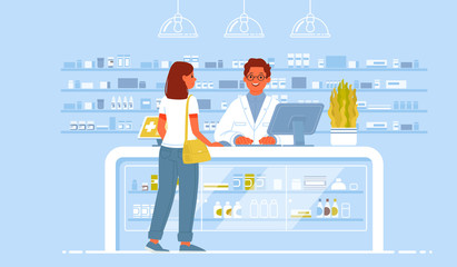 Pharmacist doctor and patient in the drugstore. A client woman buys drugs at a pharmacy