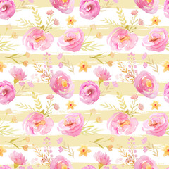 Seamless pattern with pink roses and anemones