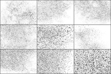 Set of Black Grainy Texture Isolated on White Background. Dust Overlay Textured. Dark Rough Noise Particles. Chaotic Explosion. Vector Design Elements, Illustration, EPS 10.