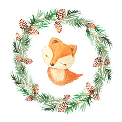 Watercolor fox and pine branches frame