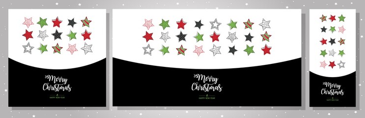 Set greeting cards Merry Christmas. Vector illustration with Christmas elements stars. Simple modern pattern.