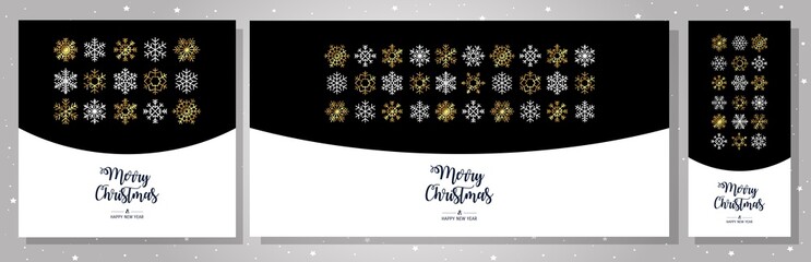 Fototapeta premium Set gold greeting cards Merry Christmas. Vector illustration with Christmas elements snowflakes. Simple modern pattern.
