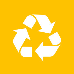 recycle symbol white isolated on yellow background, white ecology icon on yellow, white arrow shape for recycle icon garbage waste, recycle symbol for ecological conservation