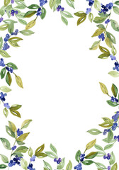 Watercolor  floral  blueberry frame. Could be used for wedding invites, autumn festivals, sales,  greeting cards, back to school cards and other autumn events.