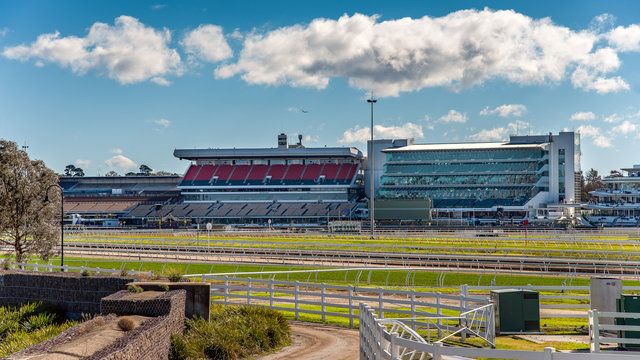 The Flemington Racecourse Grandstands In Front Of The Maribynong River In Melbourne, Australia