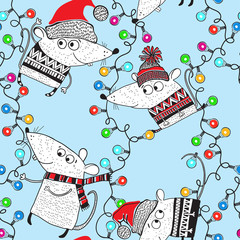 Seamless vector pattern with cute little rats and garlands. New Year's background. A cartoon characters. Animal symbol of new year 2020.
