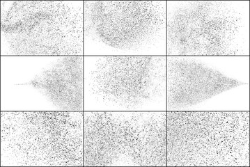 Set of Black Grainy Texture Isolated on White Background. Dust Overlay Textured. Dark Rough Noise Particles. Chaotic Explosion. Vector Design Elements, Illustration, EPS 10.