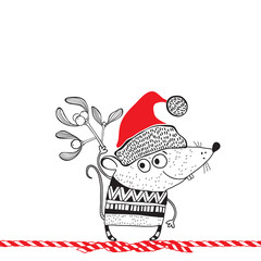 New year background with cute cartoon rat and mistletoe. Vector cartoon illustration with space for text, greeting card or invitation on a white background. Animal symbol of new year 2020.