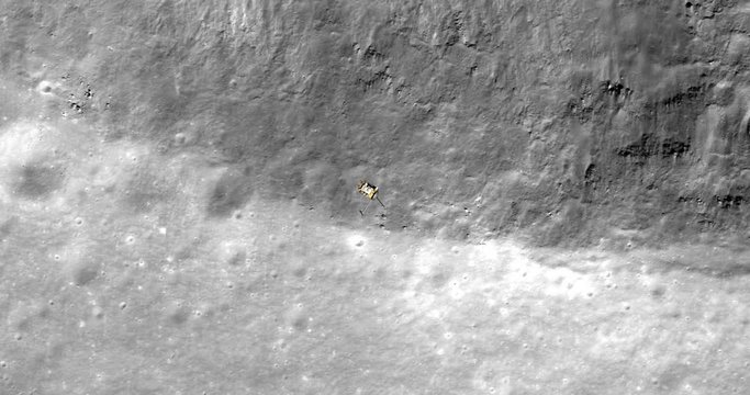 Top-down view, with snap zoom, of LRO positioning itself for a data gathering pass above cratered terrain, Mare Insularum. Elements of this image furnished by NASA