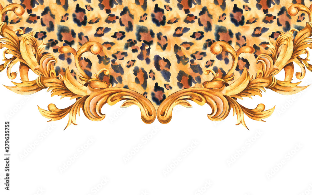 Wall mural watercolor leopard animal print with golden baroque greeting card, rococo ornament frame.