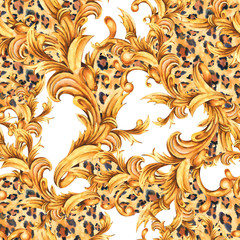 Watercolor animal print with golden baroque seamless pattern, rococo ornament texture.