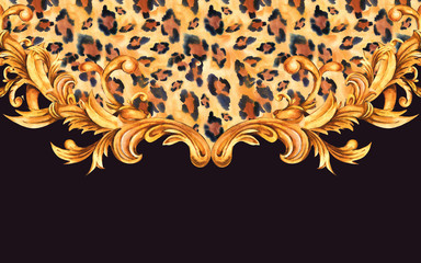 Watercolor leopard animal print with golden baroque greeting card, rococo ornament frame. © depiano