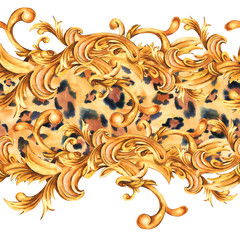 Watercolor seamless border with animal print. Golden baroque rococo ornament pattern.