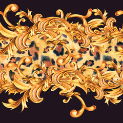 Watercolor seamless border with animal print. Golden baroque rococo ornament pattern.