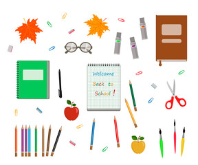 Set of back to school items on white background