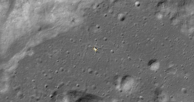 Top-down view, with snap zoom, of LRO positioning itself for a data gathering pass above Harpalus Crater, Sinus Roris. Elements of this image furnished by NASA