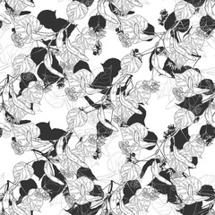 Seamless pattern with linden branches on white background. Line art and silhouettes.