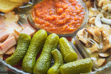 salted cucumbers snack on the table