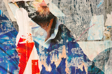 Old grunge ripped torn vintage collage street blank posters crumpled paper surface placard texture background backdrop