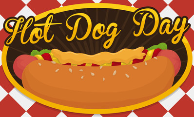 Hotdog and Square Tablecloth for Hot Dog Day Event, Vector Illustration