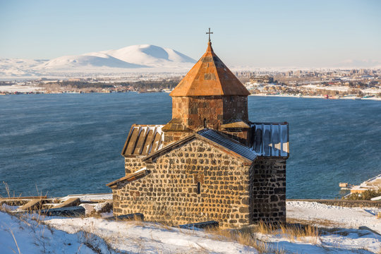 Sevanavank temple complex on  Lake Sevan in winter day, Armenia.